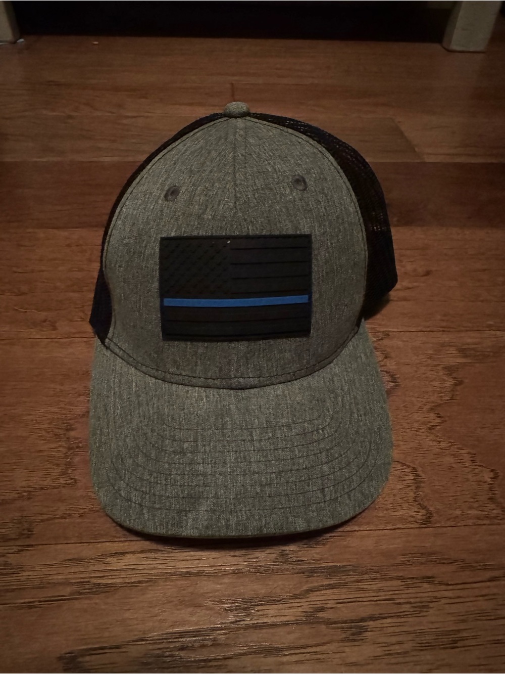 Men's Grey Trucker Hat with Thin Blue Line Patch